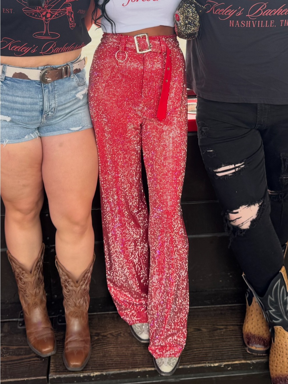 Red Sequin High-Waist Wide-Leg Pants with Belt - Picture 4 of 4